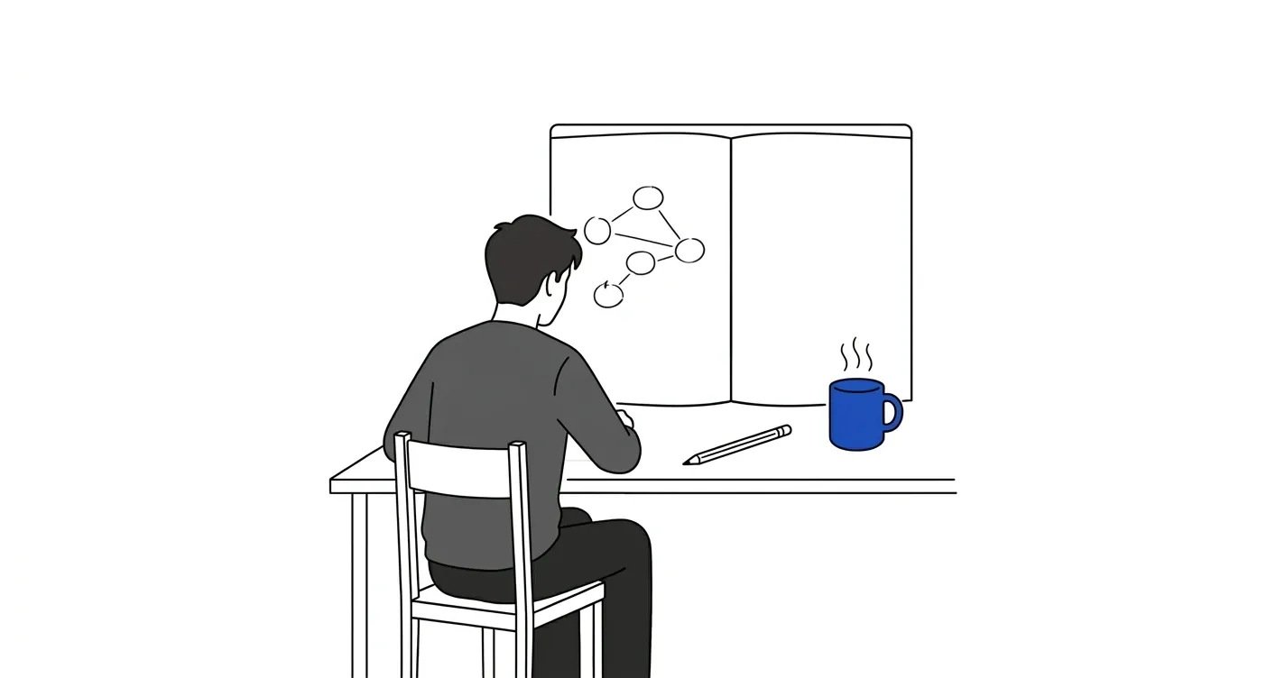 A small back-facing figure seated at a writing desk, looking down at an open notebook with a small hand-drawn diagram; a pencil rests across the notebook and a cobalt blue ceramic mug with rising steam sits to its right.
