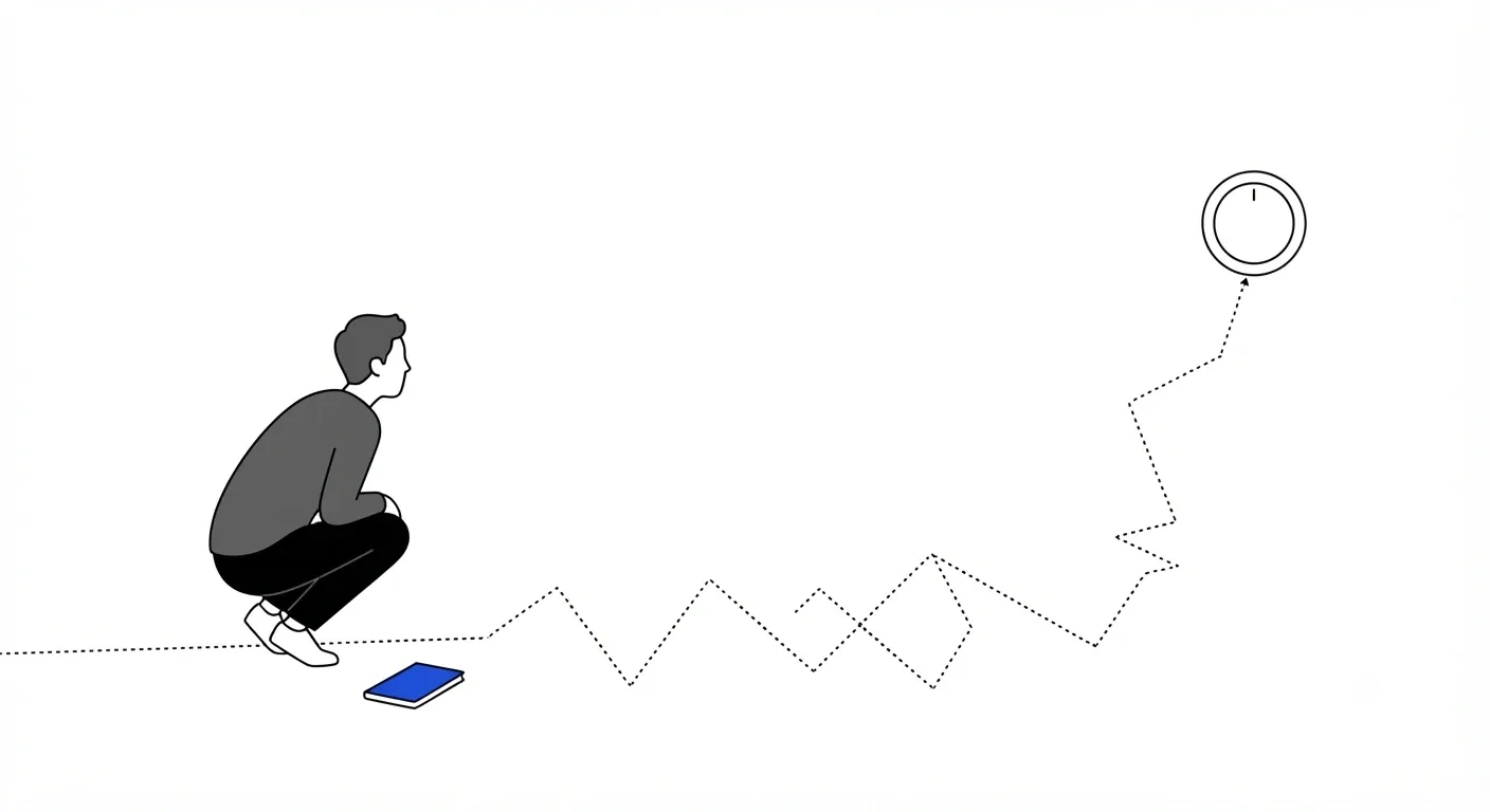 A dotted trail zigzags erratically across the floor but drifts steadily toward a single dial on the wall, while a small figure crouches to follow its path, a cobalt notebook beside them.