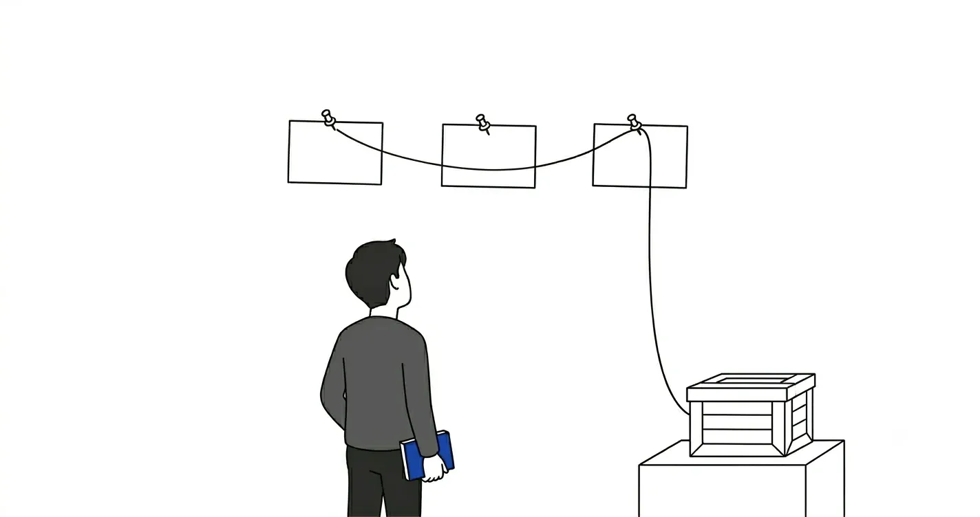 A small back-facing figure stands and follows, with its gaze, a single unbroken thread that links three blank pinned cards across a wall and drops to a small box on a shelf below, a cobalt-blue notebook in its hand.