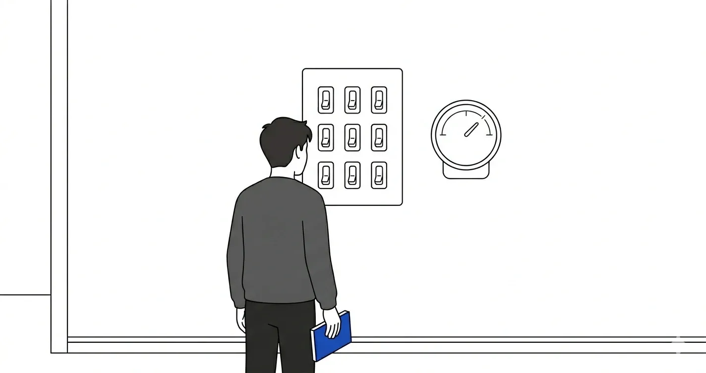 A small back-facing figure stands before an interior wall holding a cobalt blue notebook, between a 3×3 grid of identical light switches on the left and a single round wall-mounted thermostat on the right.