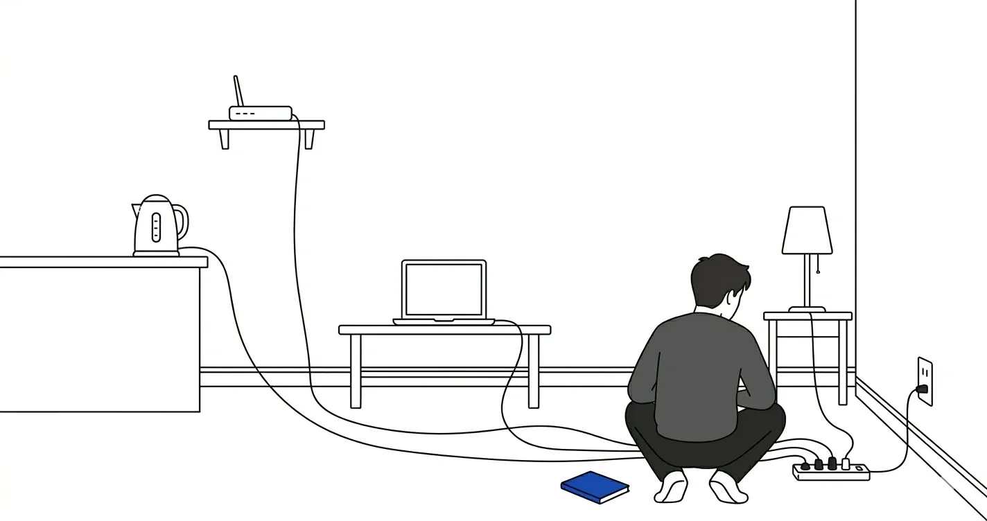 A small back-facing figure sits on the floor of an interior room examining a power strip into which power cords from a kettle, a router, a laptop, and a lamp all converge; a cobalt blue notebook lies on the floor beside the figure.